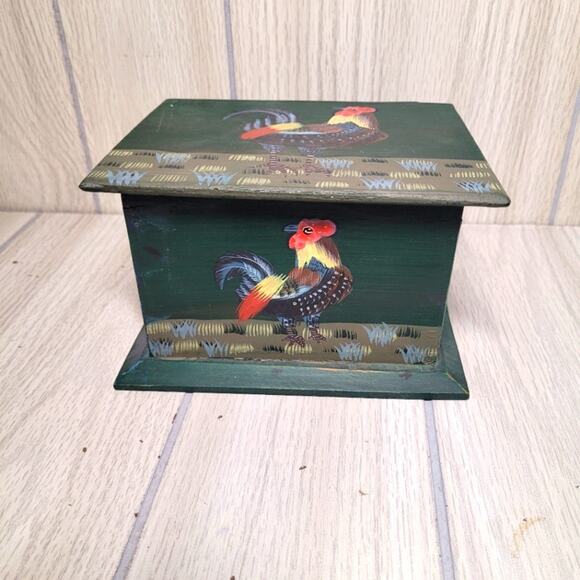 Vintage Handpaited Rooster Wood Recipe Box Bird Farmhouse Cottagecore Boho - Picture 1 of 12
